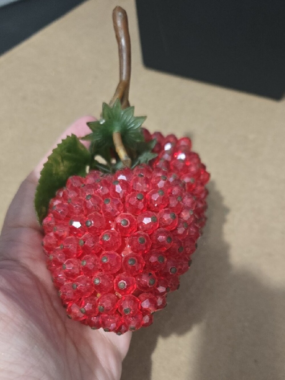 Vintage Red Faceted Lucite Strawberry with Green Leaves - Picture 4 of 5